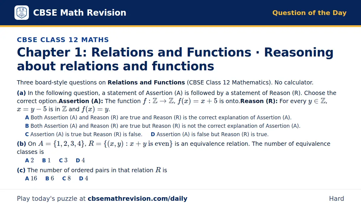 CBSE Class 12 Maths Question of the Day on Relations and Functions · Reasoning about relations and functions, a 3-part multiple-choice question: Three board-style questions on Relations and Functions (CBSE Class 12 Mathematics). No calculator. (a)…