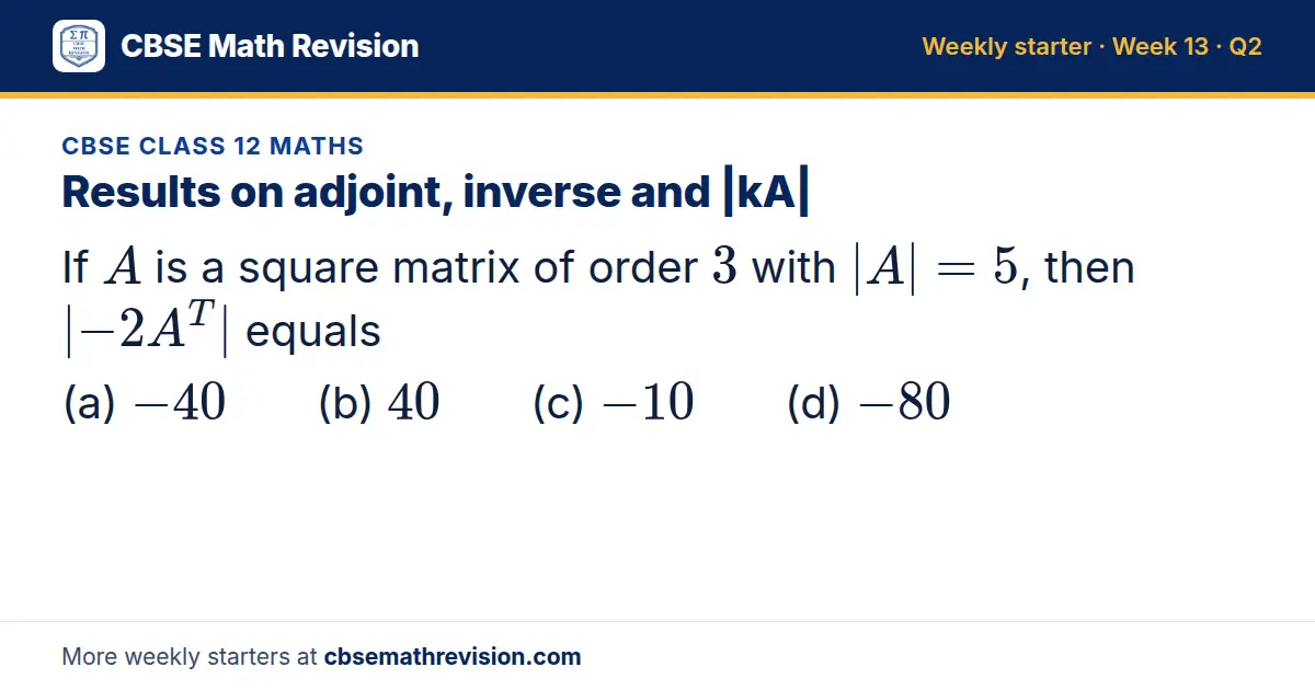 CBSE Class 12 Maths starter question on Results on adjoint, inverse and |kA|: If A is a square matrix of order 3 with |A| = 5, then |-2A^T| equals (a) -40 (b) 40 (c) -10 (d) -80
