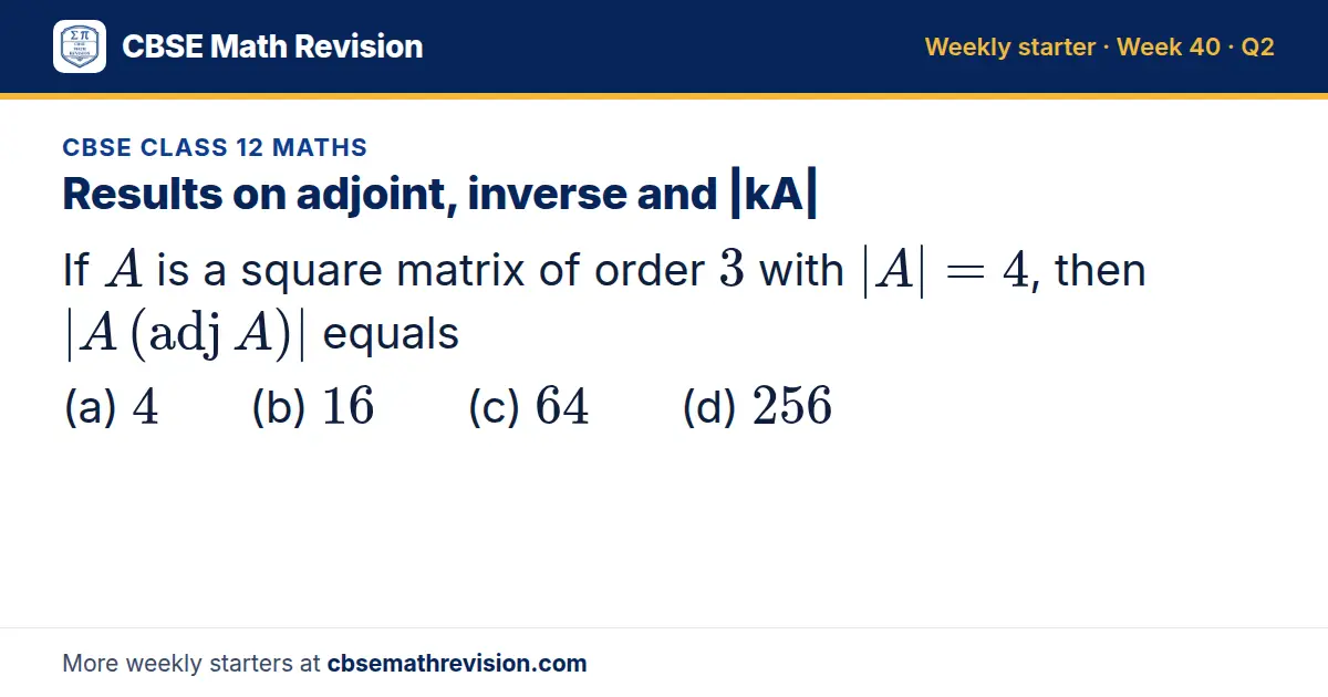CBSE Class 12 Maths starter question on Results on adjoint, inverse and |kA|: If A is a square matrix of order 3 with |A| = 4, then |A (adj A)| equals (a) 4 (b) 16 (c) 64 (d) 256