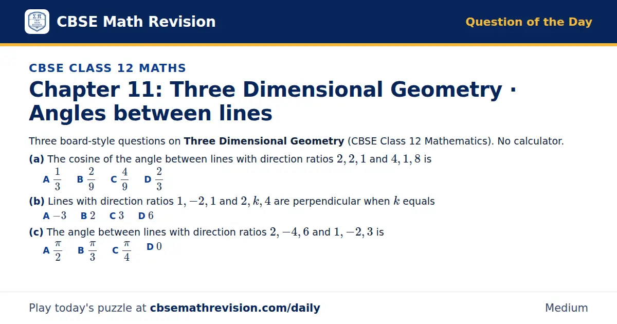 CBSE Class 12 Maths Question of the Day on Three Dimensional Geometry · Angles between lines, a 3-part multiple-choice question: Three board-style questions on Three Dimensional Geometry (CBSE Class 12 Mathematics). No calculator. (a) The cosine of…