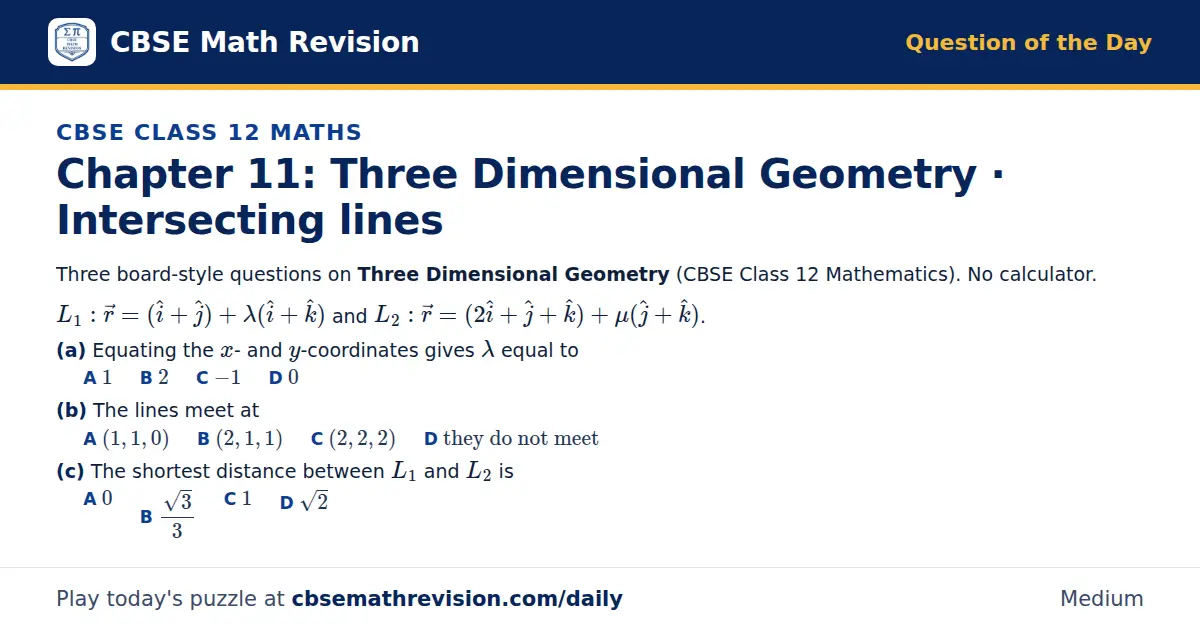 CBSE Class 12 Maths Question of the Day on Three Dimensional Geometry · Intersecting lines, a 3-part multiple-choice question: Three board-style questions on Three Dimensional Geometry (CBSE Class 12 Mathematics). No calculator. L_1: r = (i + j) +…