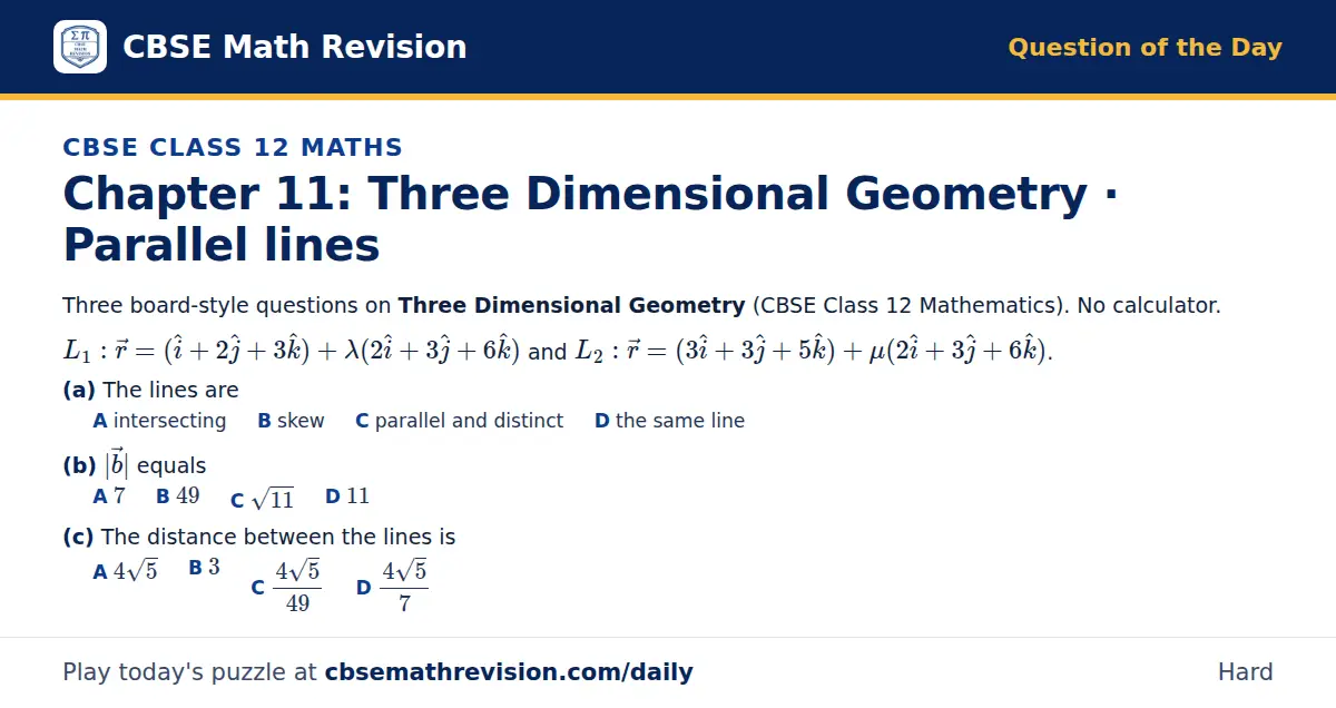 CBSE Class 12 Maths Question of the Day on Three Dimensional Geometry · Parallel lines, a 3-part multiple-choice question: Three board-style questions on Three Dimensional Geometry (CBSE Class 12 Mathematics). No calculator. L_1: r = (i + 2 j + 3…