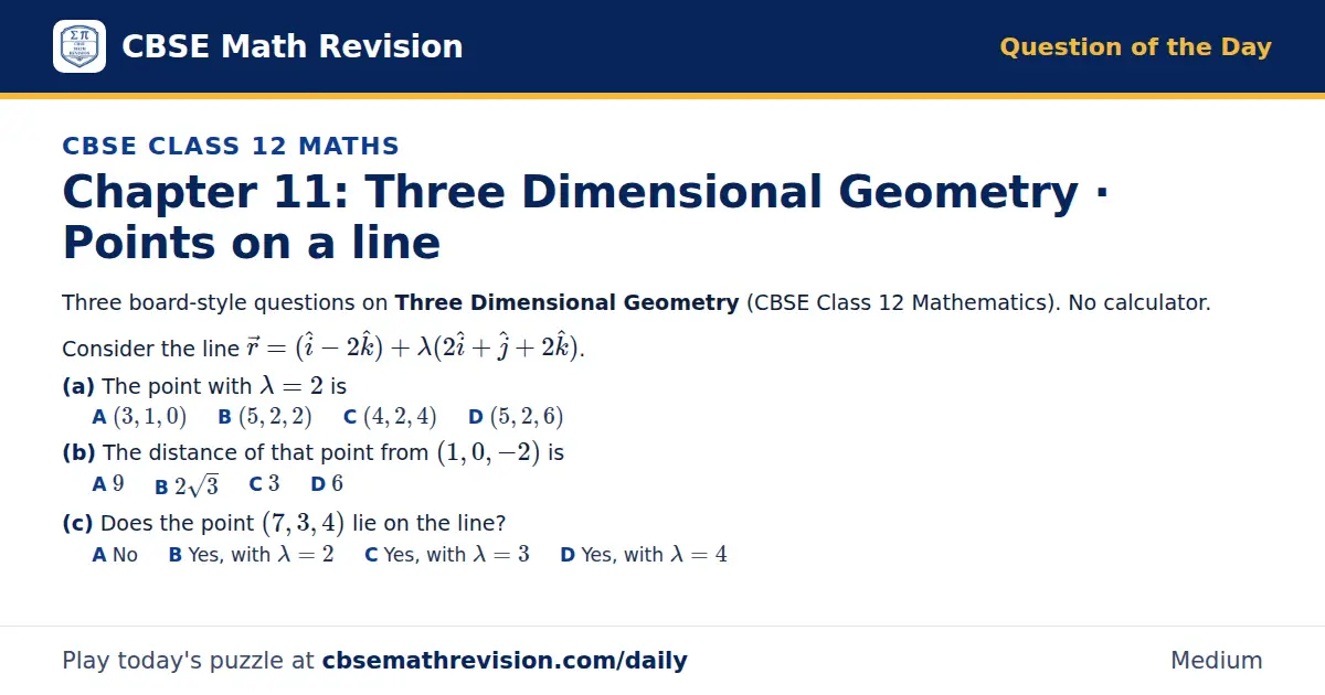 CBSE Class 12 Maths Question of the Day on Three Dimensional Geometry · Points on a line, a 3-part multiple-choice question: Three board-style questions on Three Dimensional Geometry (CBSE Class 12 Mathematics). No calculator. Consider the line r =…
