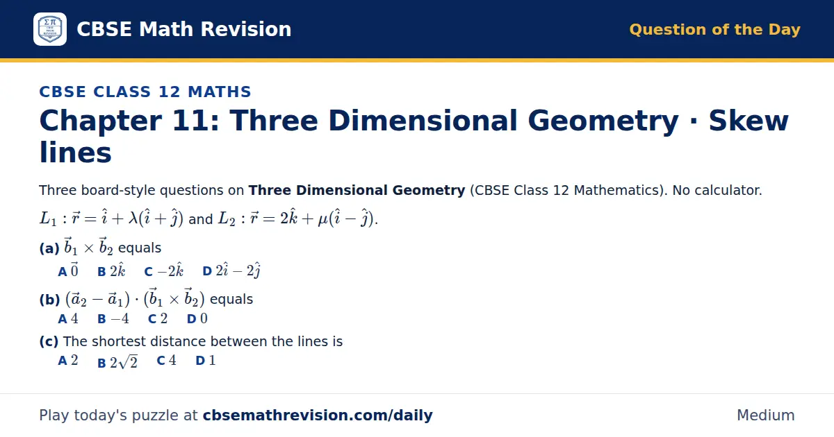CBSE Class 12 Maths Question of the Day on Three Dimensional Geometry · Skew lines, a 3-part multiple-choice question: Three board-style questions on Three Dimensional Geometry (CBSE Class 12 Mathematics). No calculator. L_1: r = i + λ(i + j) and…