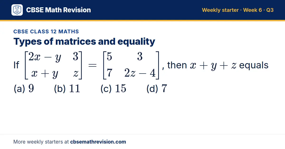 CBSE Class 12 Maths starter question on Types of matrices and equality: If 2x - y 3; x + y z = 5 3; 7 2z - 4, then x + y + z equals (a) 9 (b) 11 (c) 15 (d) 7