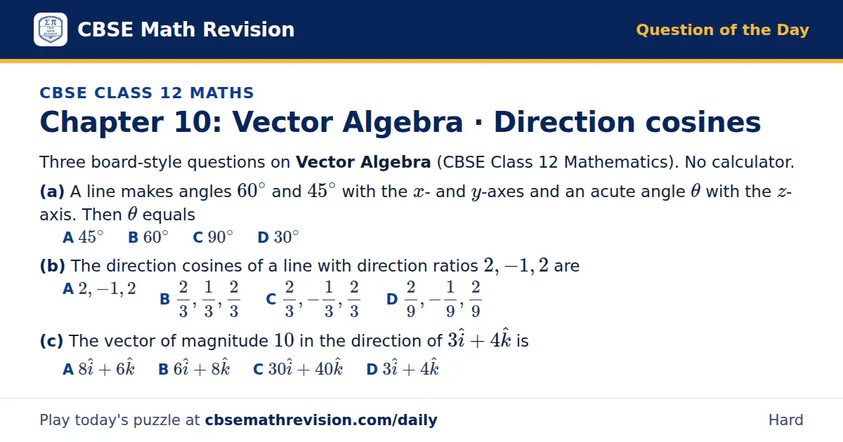 CBSE Class 12 Maths Question of the Day on Vector Algebra · Direction cosines, a 3-part multiple-choice question: Three board-style questions on Vector Algebra (CBSE Class 12 Mathematics). No calculator. (a) A line makes angles 60^∘ and 45^∘ with…