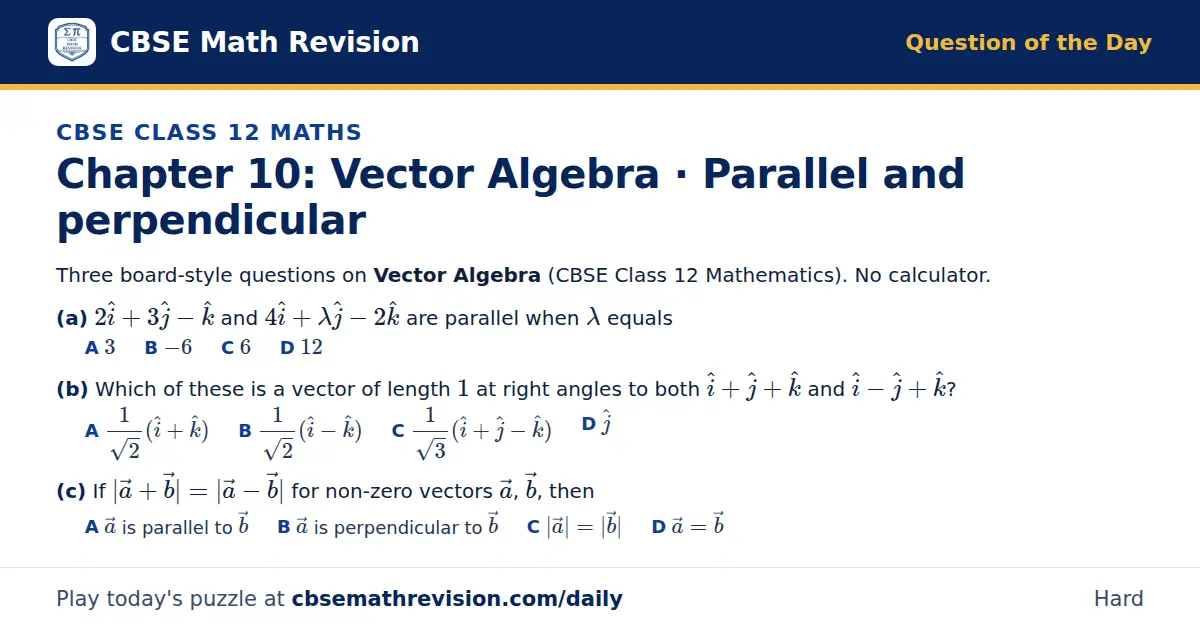 CBSE Class 12 Maths Question of the Day on Vector Algebra · Parallel and perpendicular, a 3-part multiple-choice question: Three board-style questions on Vector Algebra (CBSE Class 12 Mathematics). No calculator. (a) 2 i + 3 j - k and 4 i + λ j - 2…