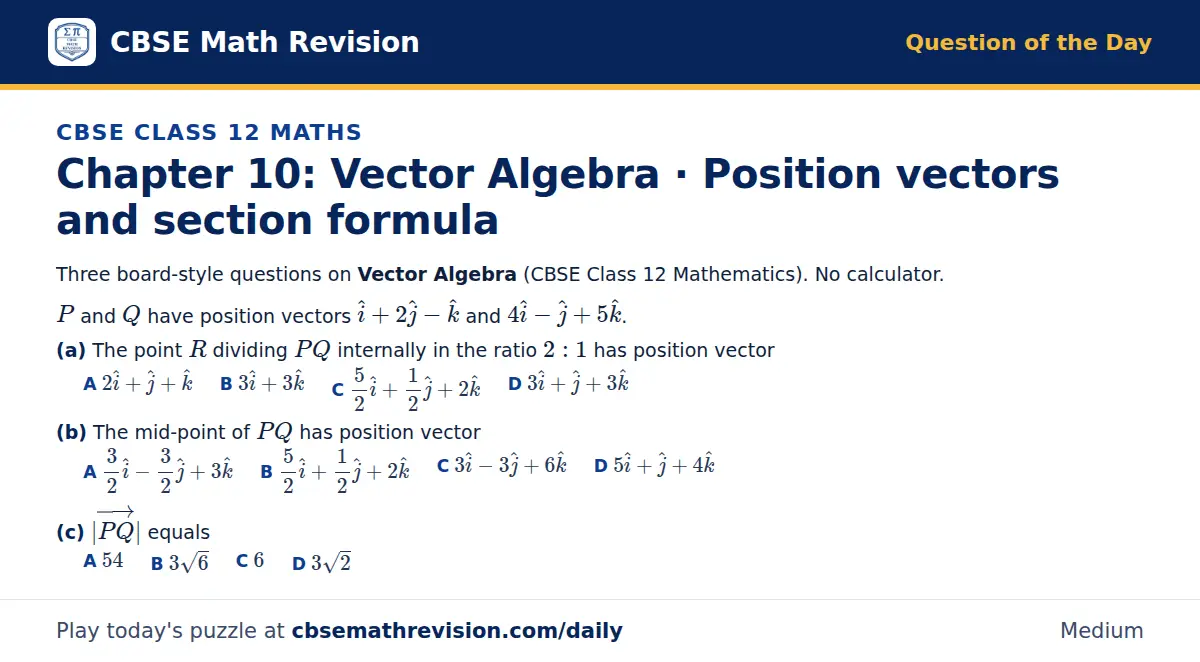 CBSE Class 12 Maths Question of the Day on Vector Algebra · Position vectors and section formula, a 3-part multiple-choice question: Three board-style questions on Vector Algebra (CBSE Class 12 Mathematics). No calculator. P and Q have position…