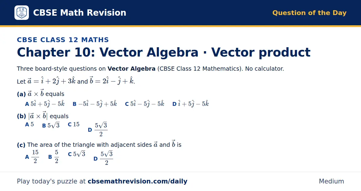 CBSE Class 12 Maths Question of the Day on Vector Algebra · Vector product, a 3-part multiple-choice question: Three board-style questions on Vector Algebra (CBSE Class 12 Mathematics). No calculator. Let a = i + 2 j + 3 k and b = 2 i - j + k. (a)…