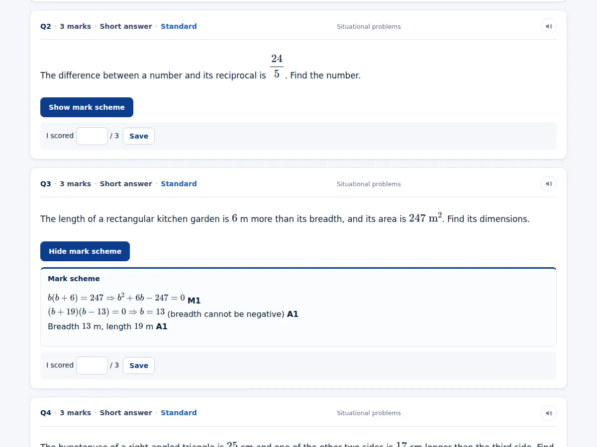 A Class 10 Quadratic Equations chapter page on cbsemathrevision.com: a board-style question with its step-by-step marking scheme