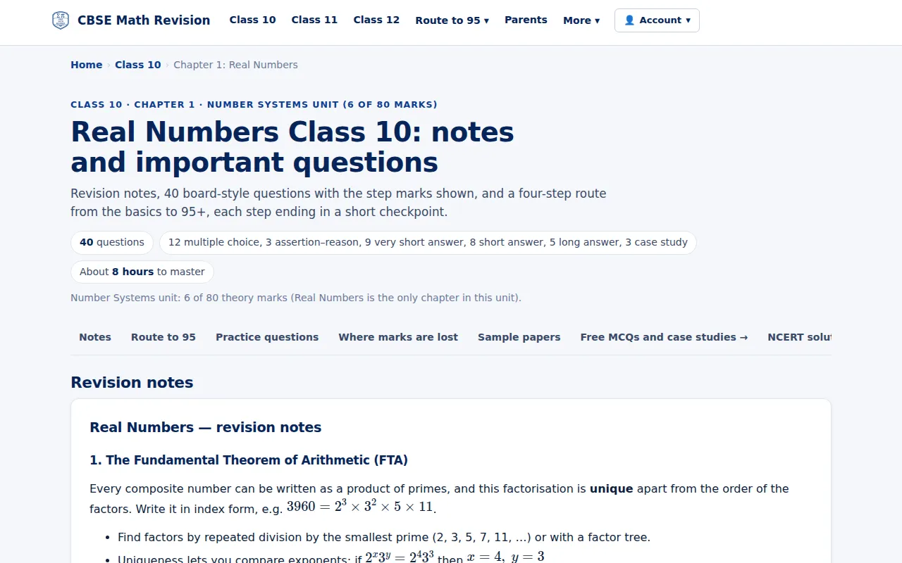 CBSE Class 10 Real Numbers chapter page with revision notes and question counts