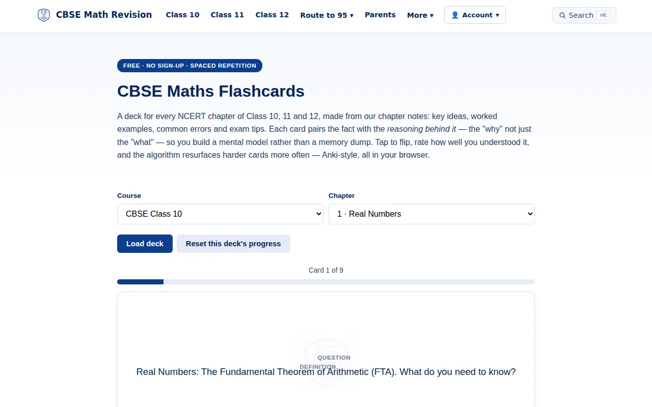 CBSE Maths flashcards deck with a card showing a question