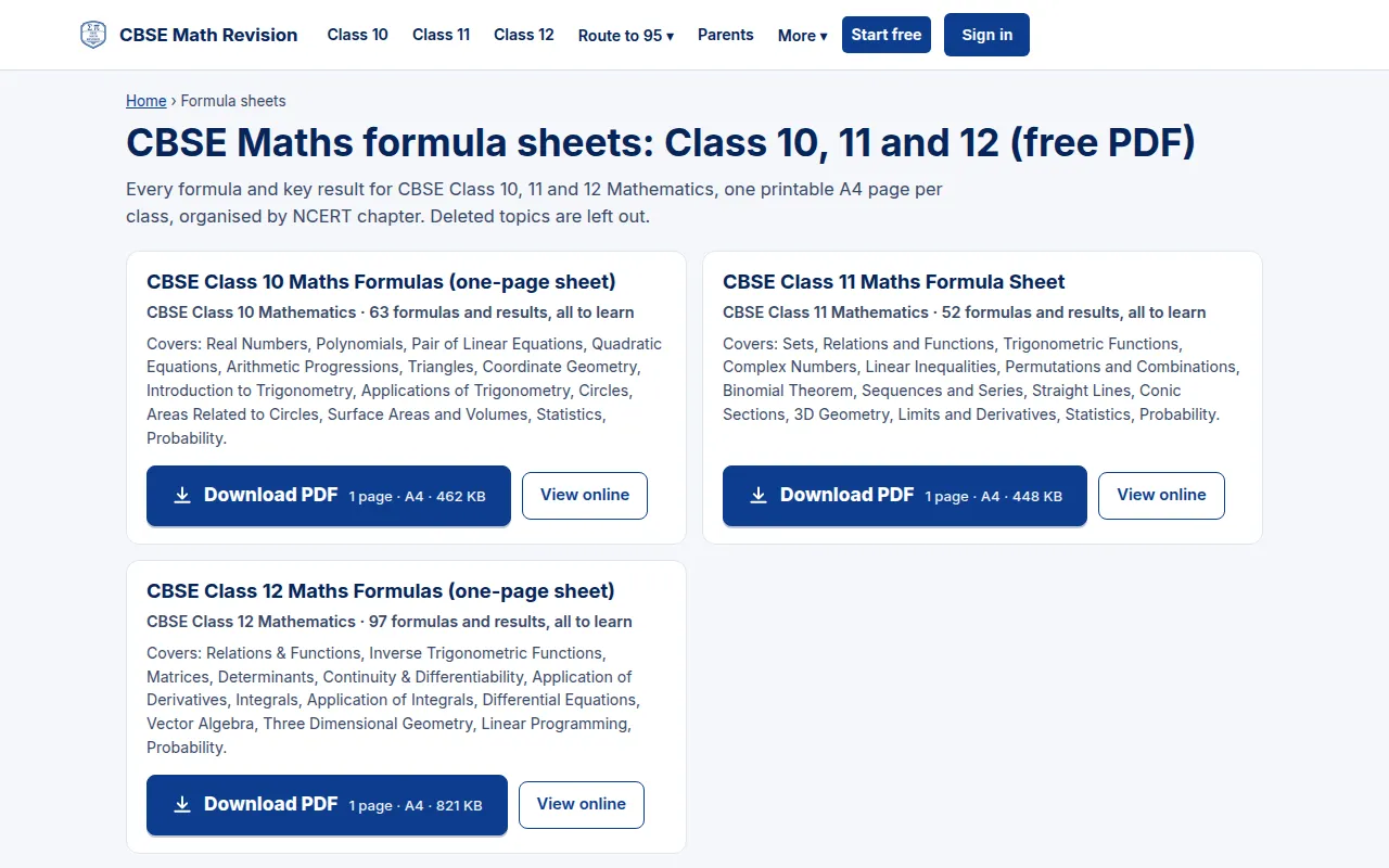 CBSE Maths formula sheets page with PDF downloads