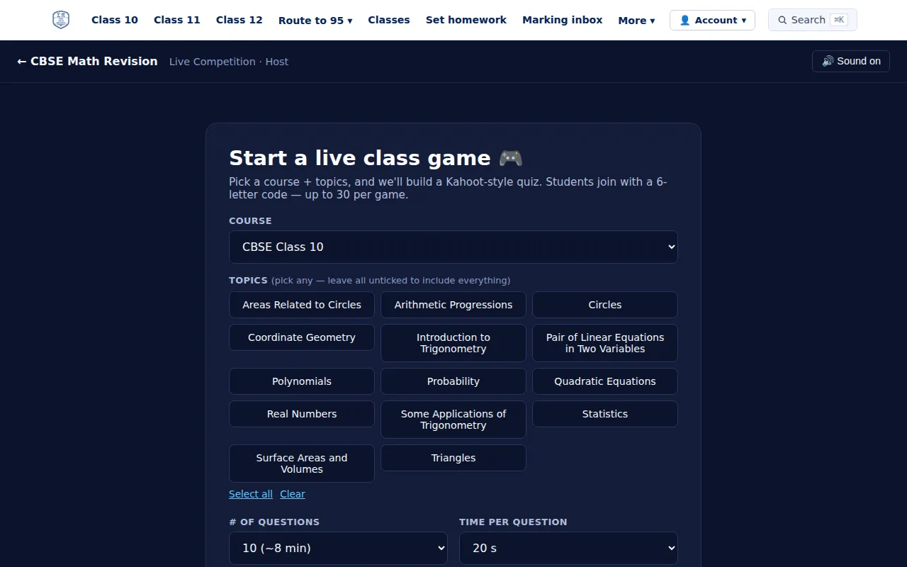 CBSE Maths live class game set-up: choosing a course and topics