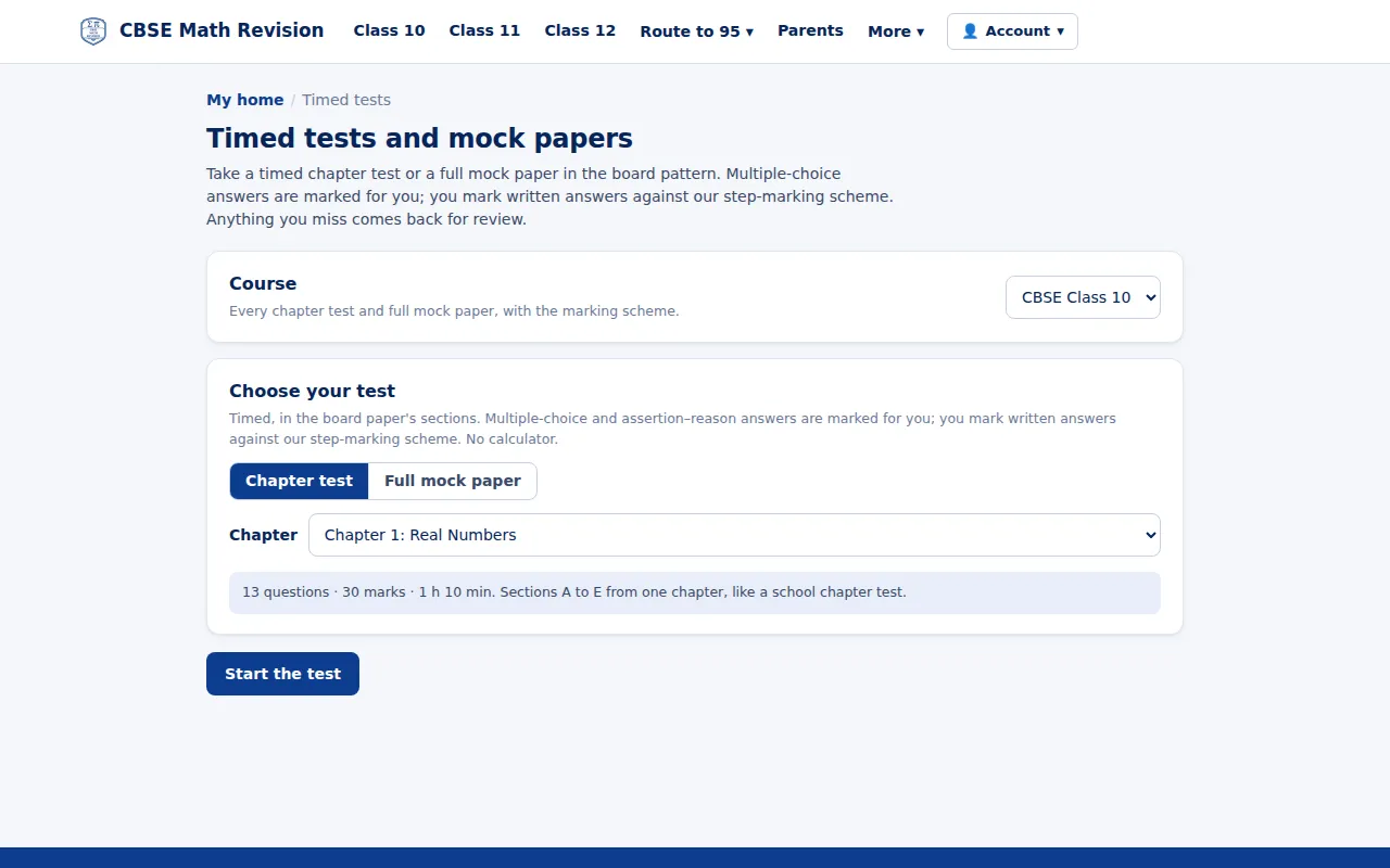 CBSE Maths test builder: choosing topics, difficulty and length for a timed test