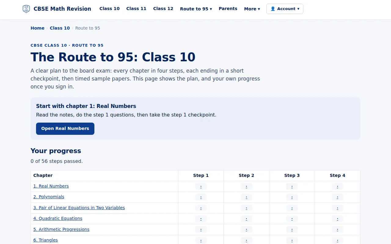CBSE Class 10 Route to 95 page: the chapters in four steps with a progress table
