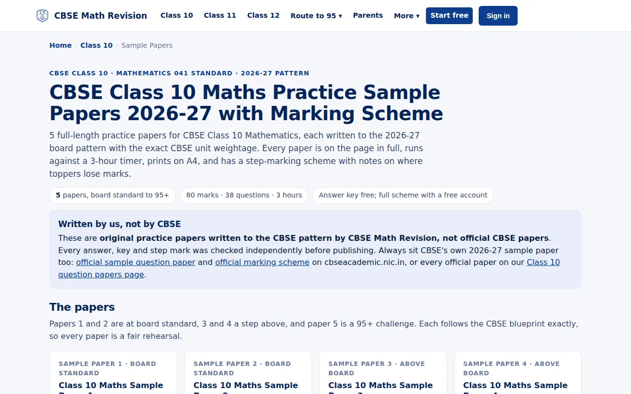 CBSE Class 10 practice sample papers page with marking scheme