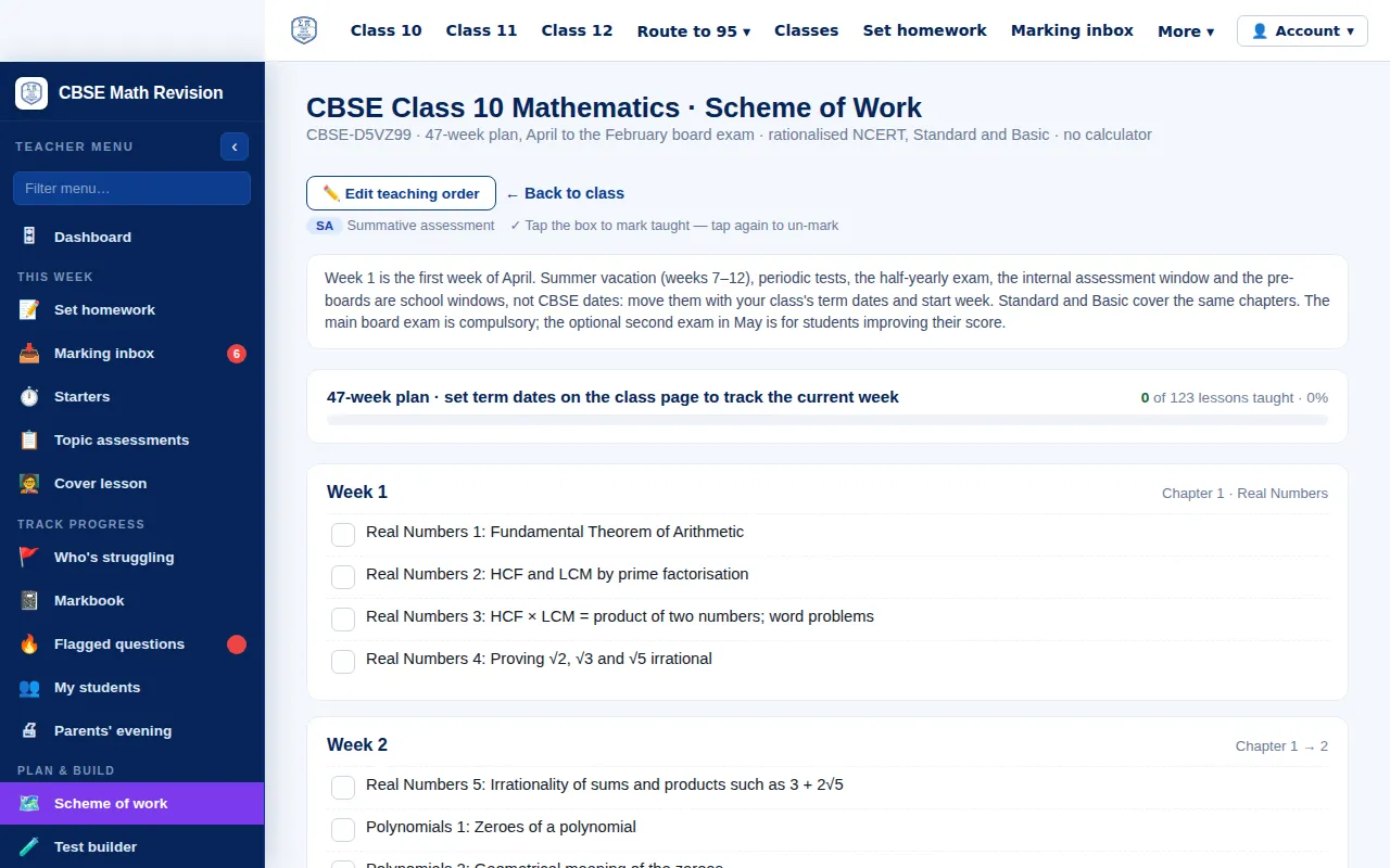 CBSE Maths scheme of work, week by week