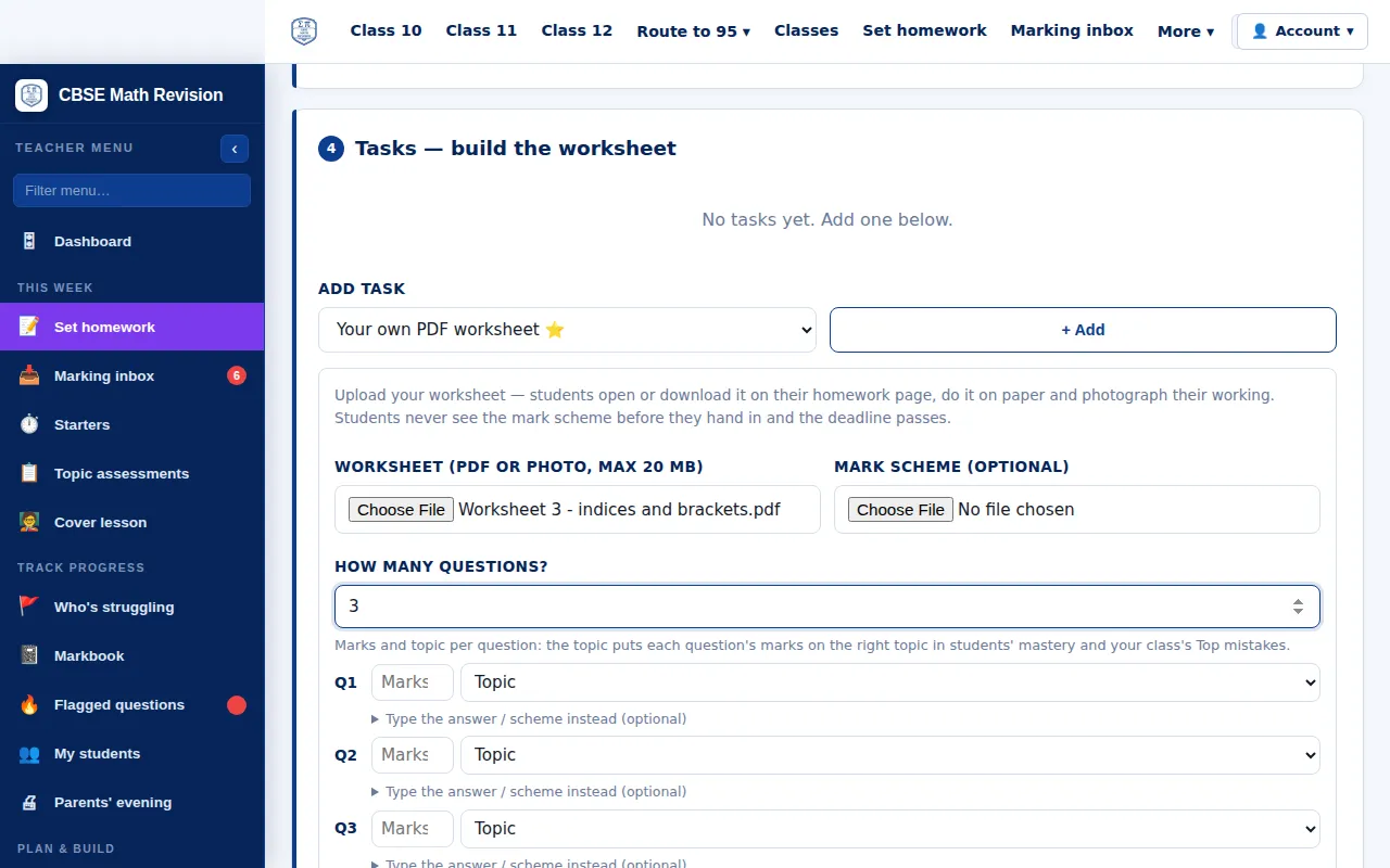 CBSE Maths set homework page adding your own PDF worksheet as a task