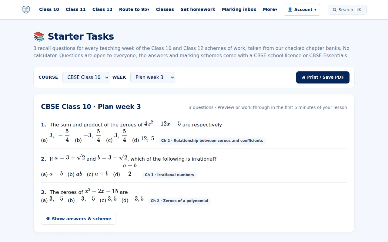 CBSE Maths weekly starter questions for a class