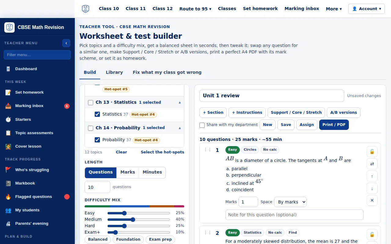 CBSE Maths worksheet builder with a generated sheet of questions