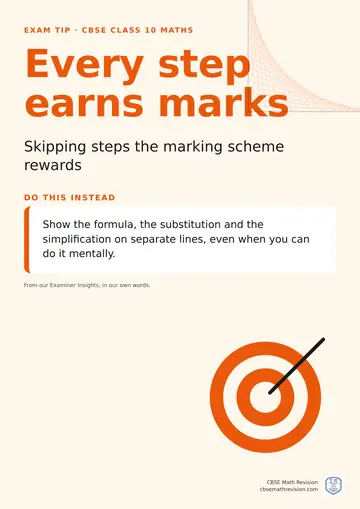 Exam technique poster for CBSE Class 10 Maths: Every step earns marks. Show the formula, the substitution and the simplification on separate lines, even when you can do it mentally.
