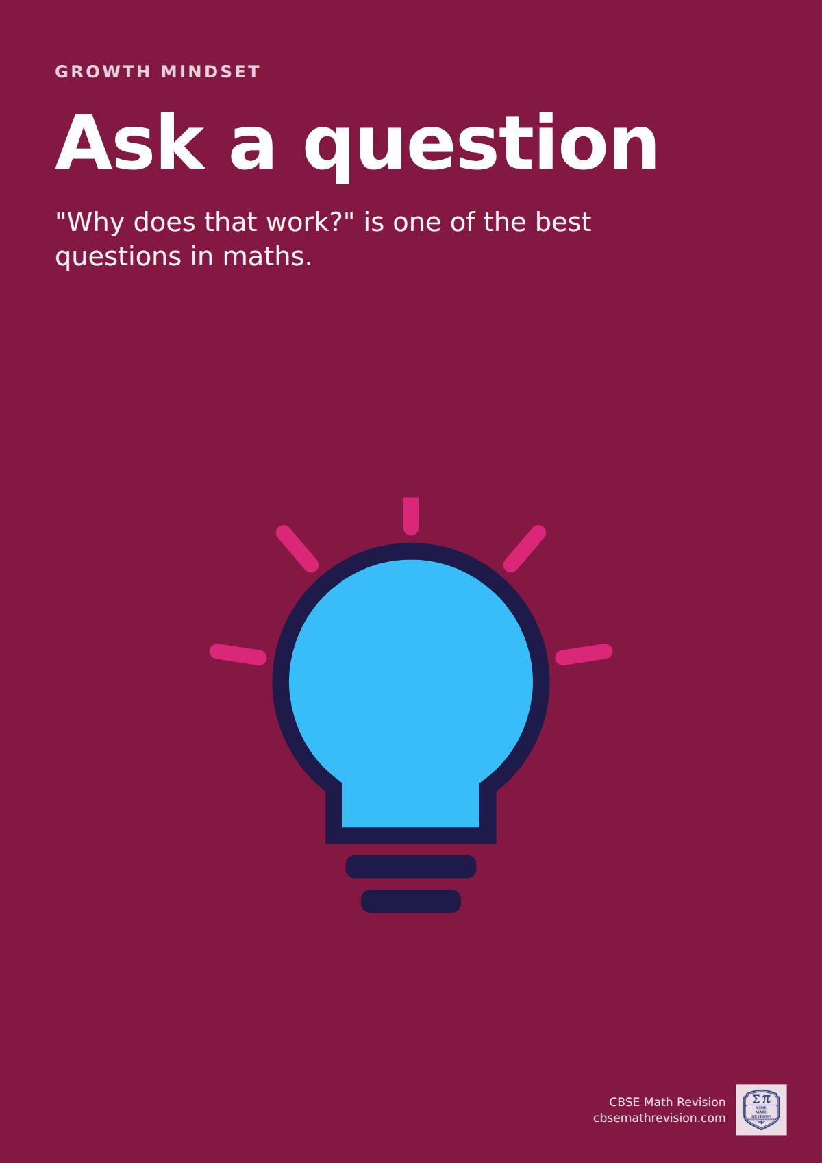 Maths classroom poster: "Ask a question". "Why does that work?" is one of the best questions in maths. Illustrated with asking why a method works helps you remember it and spot when it does not apply.