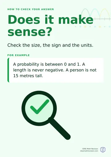 Classroom poster: how to check your answer, does it make sense?. Check the size, the sign and the units. A probability is between 0 and 1. A length is never negative. A person is not 15 metres tall.