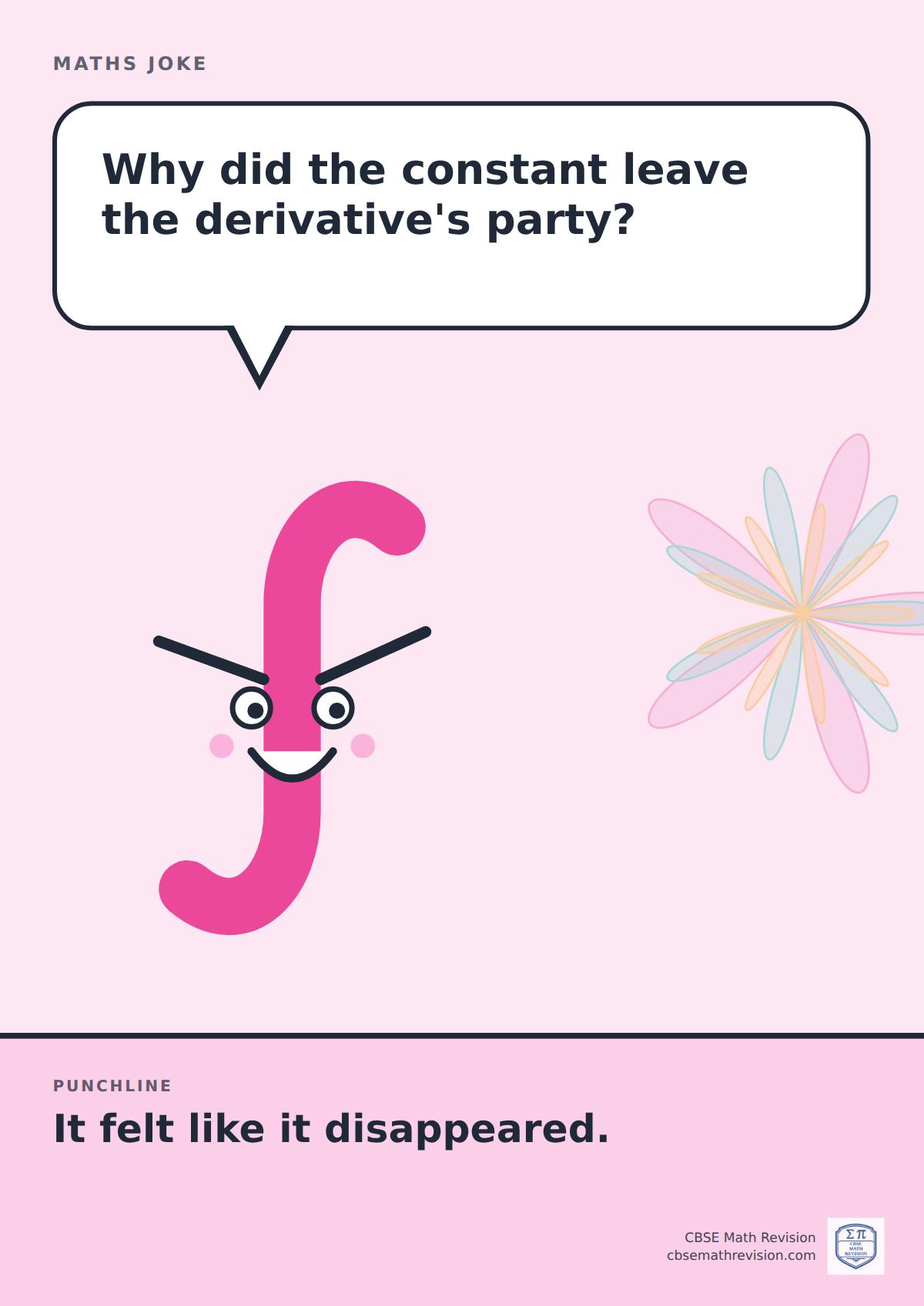 Cartoon maths joke poster. A smiling integral sign asks: "Why did the constant leave the derivative's party?" Punchline: "It felt like it disappeared."