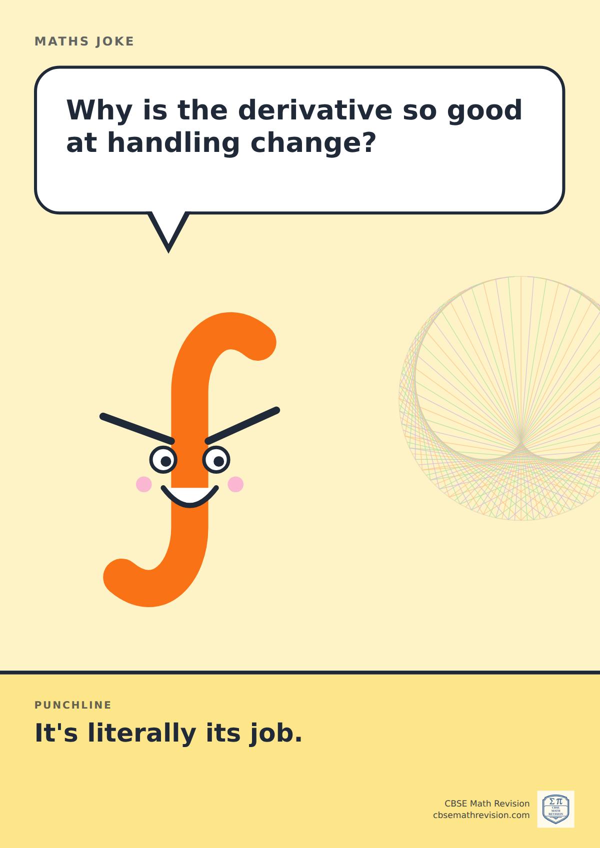 Cartoon maths joke poster. A smiling integral sign asks: "Why is the derivative so good at handling change?" Punchline: "It's literally its job."