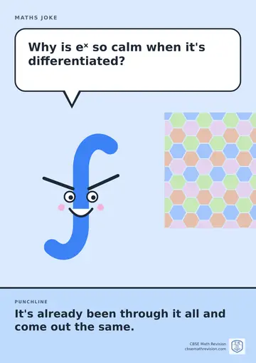 Cartoon maths joke poster. A smiling integral sign asks: "Why is eˣ so calm when it's differentiated?" Punchline: "It's already been through it all and come out the same."