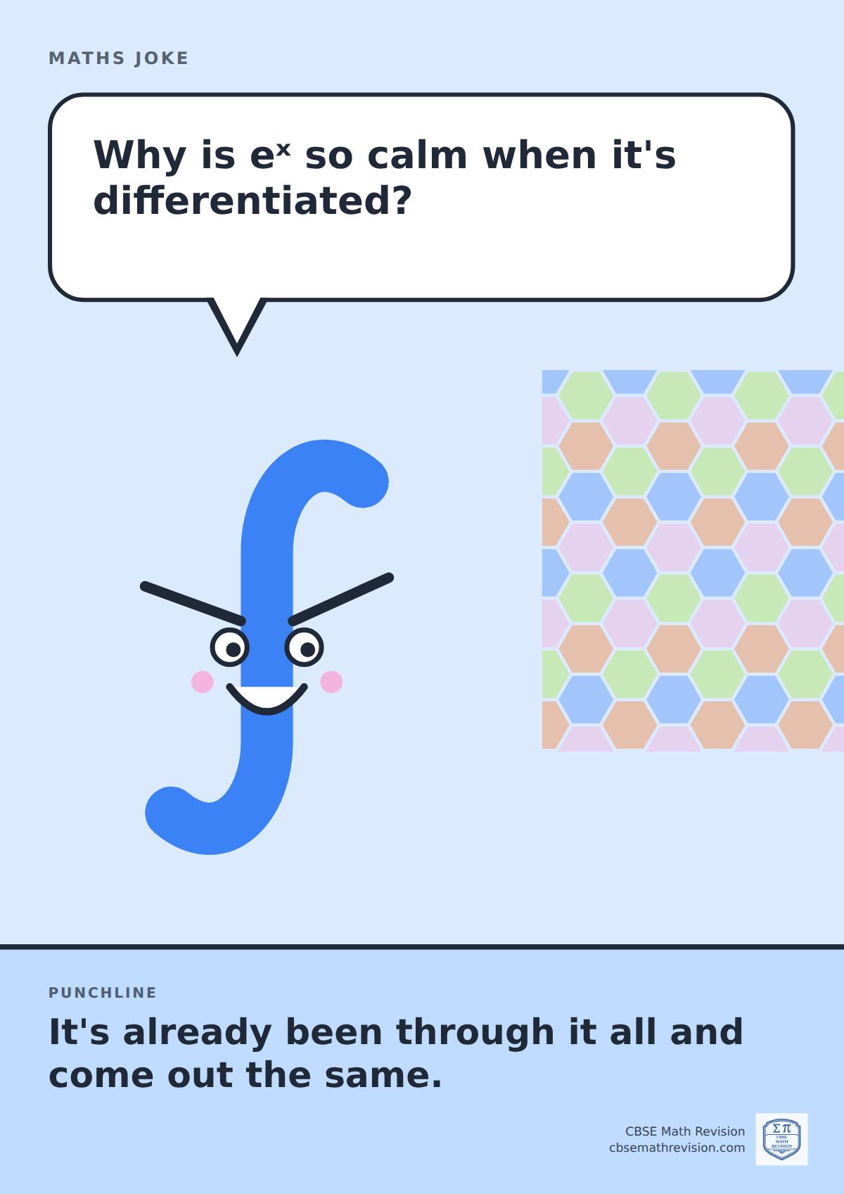 Cartoon maths joke poster. A smiling integral sign asks: "Why is eˣ so calm when it's differentiated?" Punchline: "It's already been through it all and come out the same."