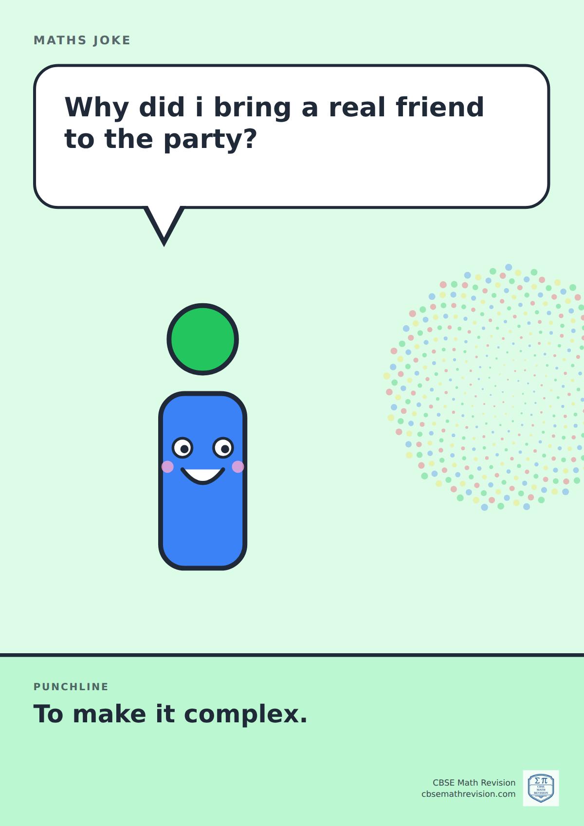 Cartoon maths joke poster. A smiling letter i asks: "Why did i bring a real friend to the party?" Punchline: "To make it complex."