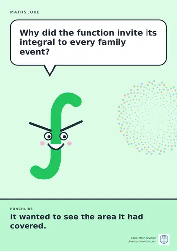 Cartoon maths joke poster. A smiling integral sign asks: "Why did the function invite its integral to every family event?" Punchline: "It wanted to see the area it had covered."