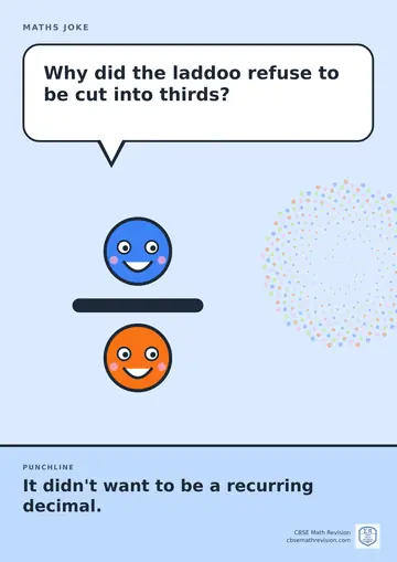 Cartoon maths joke poster. A smiling fraction asks: "Why did the laddoo refuse to be cut into thirds?" Punchline: "It didn't want to be a recurring decimal."