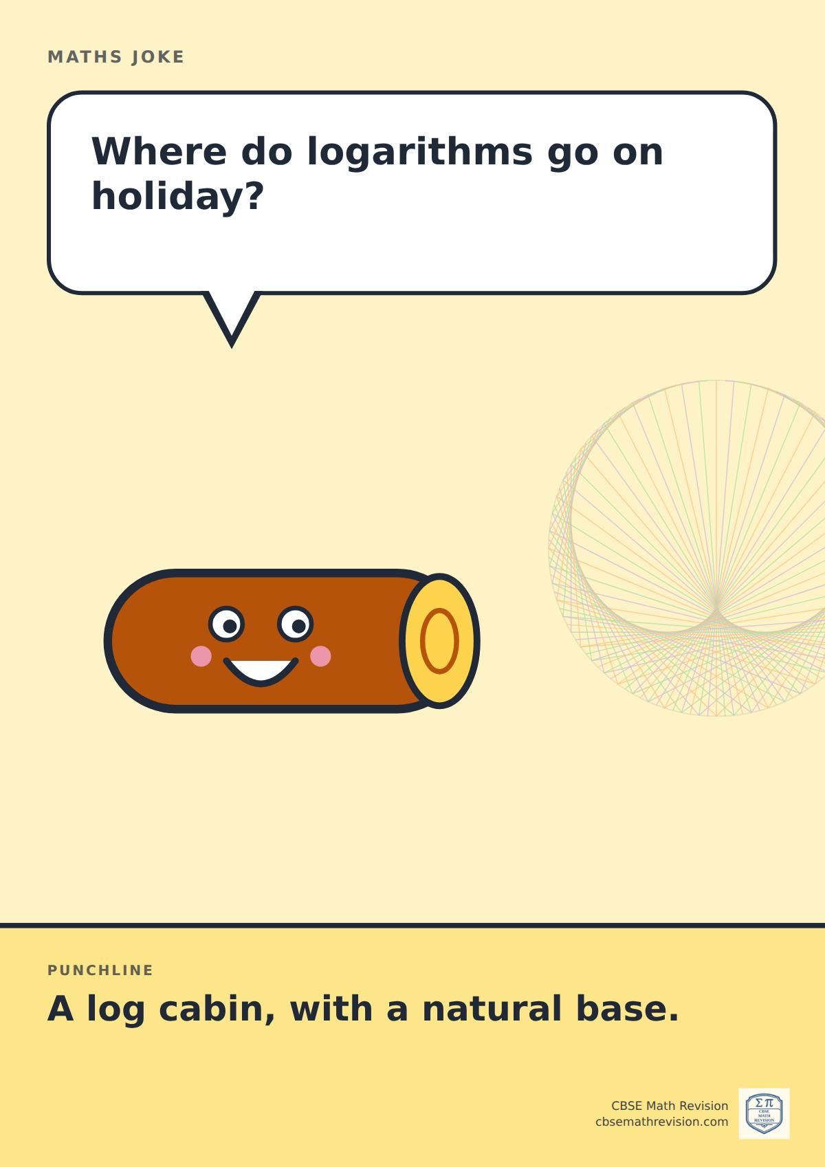 Cartoon maths joke poster. A smiling log asks: "Where do logarithms go on holiday?" Punchline: "A log cabin, with a natural base."
