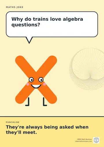 Cartoon maths joke poster. A smiling letter x asks: "Why do trains love algebra questions?" Punchline: "They're always being asked when they'll meet."