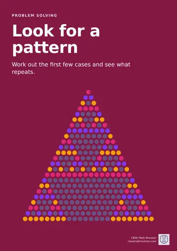 Maths classroom poster: "Look for a pattern". Work out the first few cases and see what repeats. Illustrated with pascal's triangle with its odd numbers coloured.