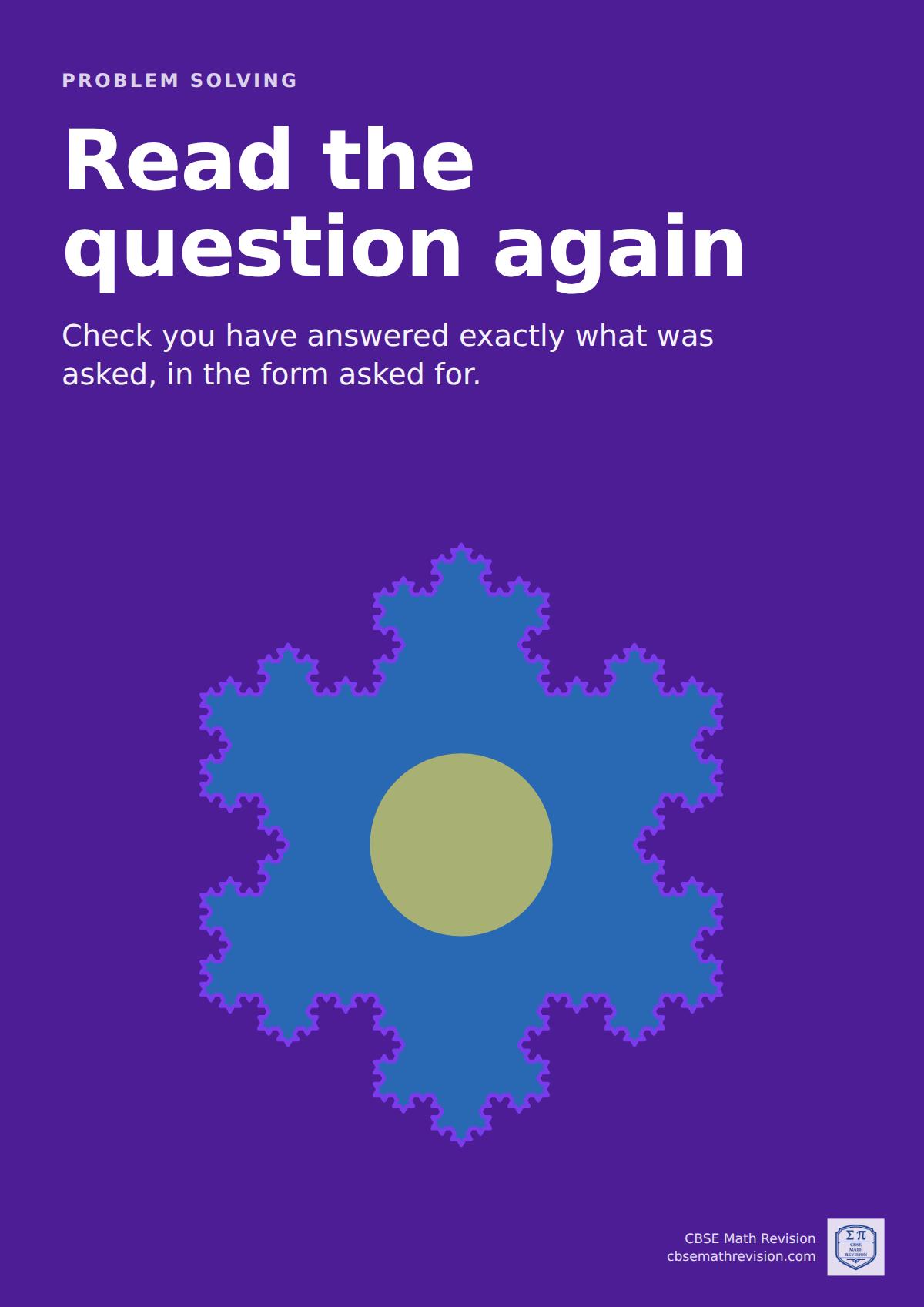 Maths classroom poster: "Read the question again". Check you have answered exactly what was asked, in the form asked for. Illustrated with a koch snowflake.